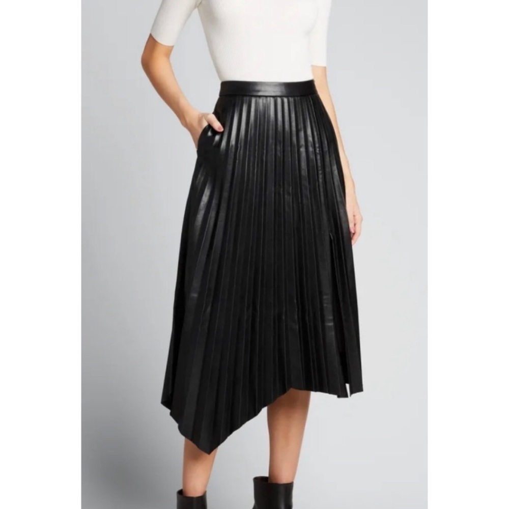 JONATHAN SIMKHAI • Black Vegan Leather Jayla Pleated Asymmetrical Midi Skirt, 2 - Picture 2 of 16